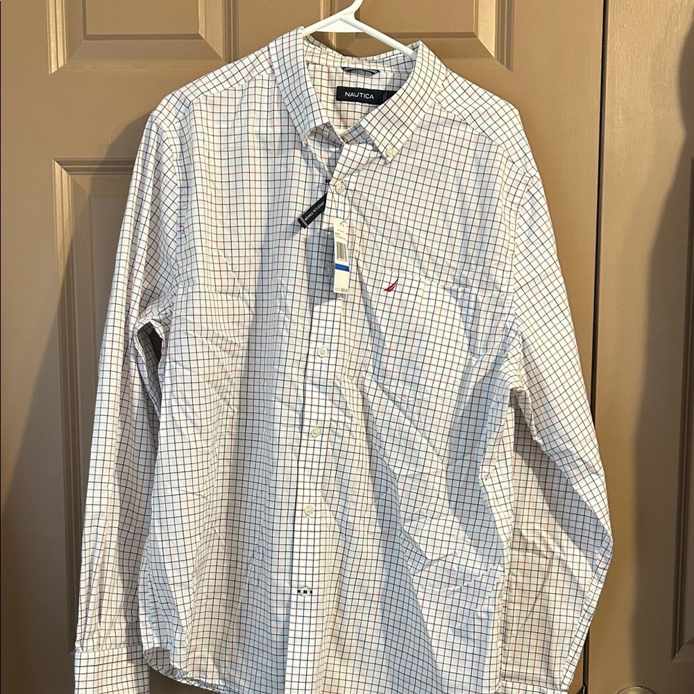 Nautica White Button-Down Shirt with Blue and Red Windowpane